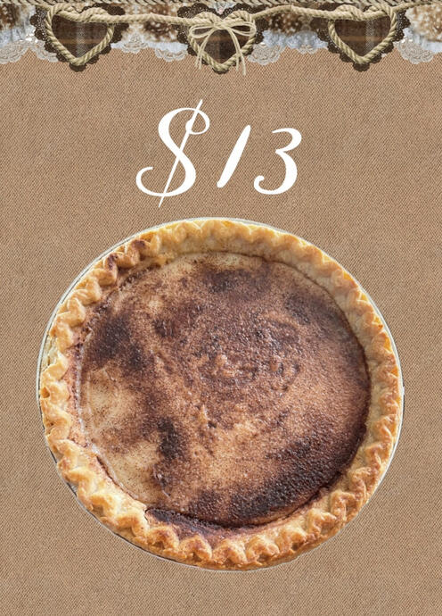 A pie based out of Indiana. If you are craving a mix between creme brulee and vanilla pudding with a kick of cinnamon I recommend this delightful pie!